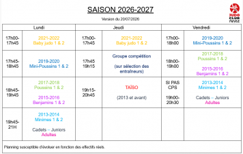 Horaire des cours saison 2026-2027