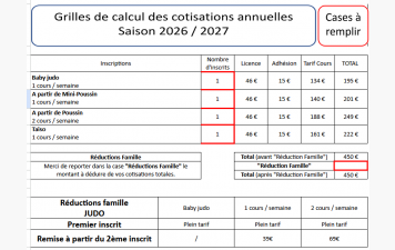 Tarif des cours saison 2026-2027