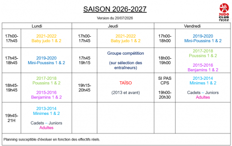 Horaire des cours saison 2026-2027