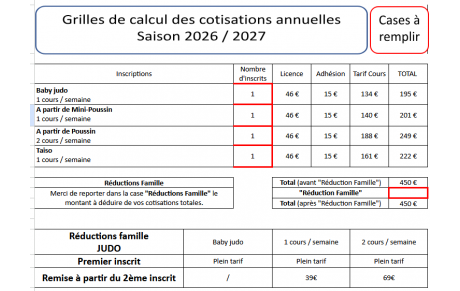 Tarif des cours saison 2026-2027